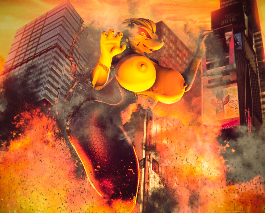 3d_(artwork) alilkira anthro big_breasts breasts city destruction digital_media_(artwork) female fire hi_res lizard macro muscular nipples parovozik reptile scalie skyscraper source_filmmaker warfaremachine