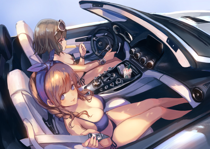 2girls bikini braids breasts brown_eyes brown_hair car drink glasses headband koh_(minagi_kou) original popsicle short_hair swimsuit