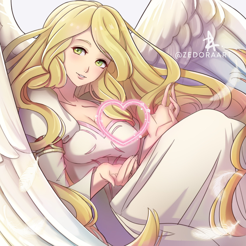 1girl absurdres bangs blonde_hair breasts cleavage collarbone dress feathered_wings fire_emblem fire_emblem:_path_of_radiance floating_hair green_eyes heart highres leanne_(fire_emblem) long_dress long_hair long_sleeves looking_at_viewer medium_breasts parted_lips shiny shiny_hair smile solo swept_bangs twitter_username very_long_hair white_dress white_feathers white_wings wings zedoraart