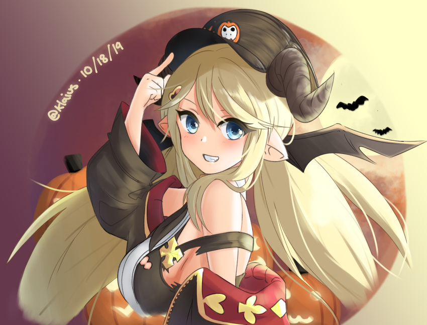 1girl bare_shoulders bat blonde_hair blue_eyes breasts coat dated from_side full_moon granblue_fantasy hallessena hand_on_headwear hand_up highres jack-o'-lantern klaius large_breasts long_hair looking_at_viewer looking_to_the_side moon off_shoulder pointy_ears smile solo strap_slip twintails twitter_username