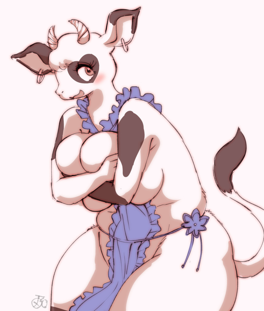 anthro apron bovid bovine breasts cattle clothing ear_piercing ear_ring female hi_res mammal melonleaf piercing solo