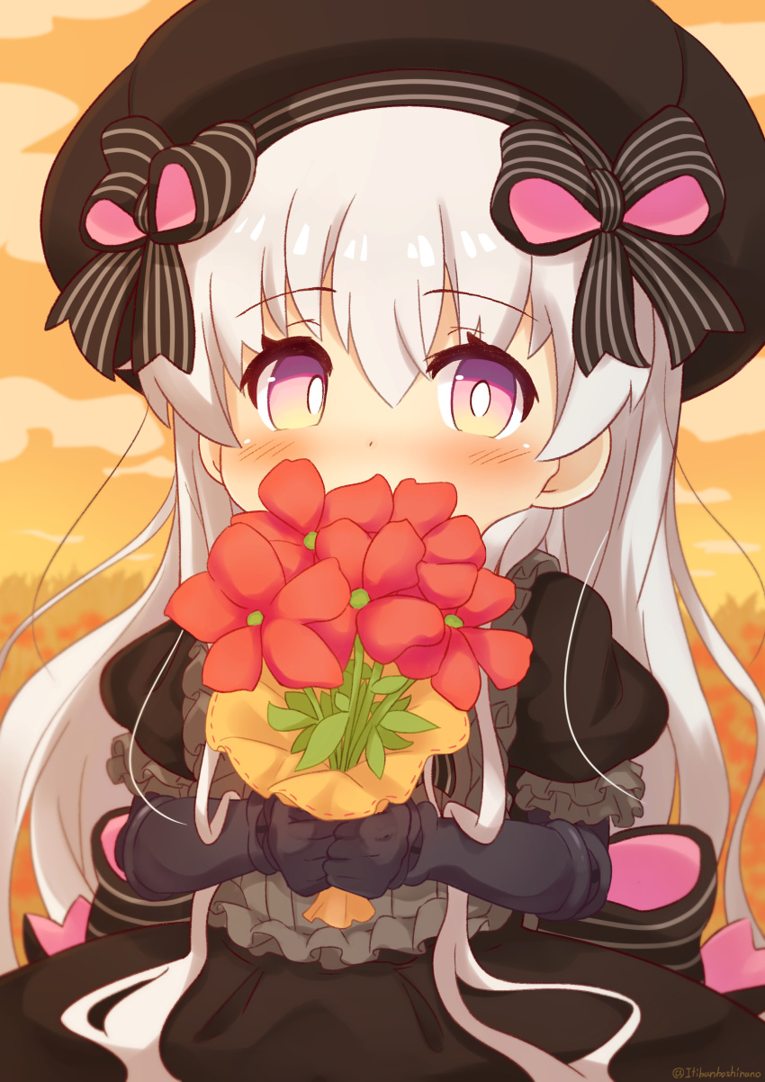 1girl absurdres bangs beret black_bow black_dress black_gloves black_headwear blush bouquet bow commentary_request covered_mouth doll_joints dress elbow_gloves eyebrows_visible_through_hair fate/extra fate_(series) flower gloves hair_between_eyes hair_bow hat highres holding holding_bouquet joints long_hair nursery_rhyme_(fate) outdoors puffy_short_sleeves puffy_sleeves purple_eyes red_flower short_sleeves silver_hair solo striped striped_bow sunset twitter_username very_long_hair yuya090602