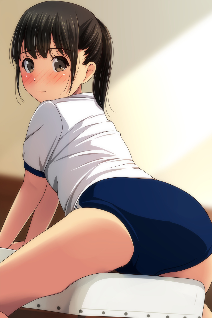 1girl absurdres ass bangs black_hair blue_buruma blush brown_eyes buruma closed_mouth eyebrows_visible_through_hair from_behind gym_shirt gym_uniform highres looking_at_viewer looking_back matsunaga_kouyou nose_blush original ponytail shirt short_sleeves sidelocks solo vaulting_horse white_shirt