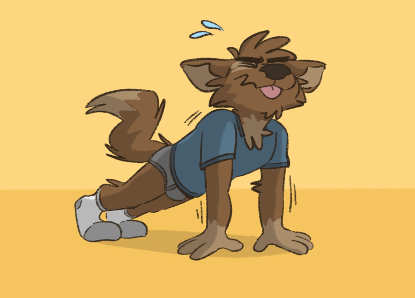 anthro blue_clothing blue_shirt blue_topwear bodily_fluids briefs brown_body brown_fur canid canine canis clothing domestic_dog eyes_closed footwear fur grey_clothing grey_underwear hi_res male mammal matt_riskely pushups shadow shirt simple_background socks solo sweat t-shirt tinydeerguy tongue tongue_out topwear underwear white_clothing white_footwear white_socks yellow_background