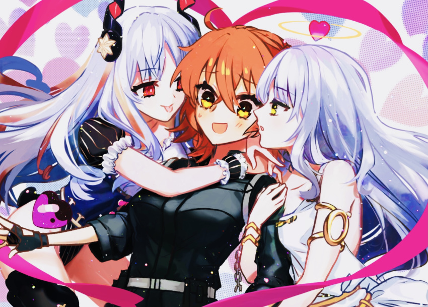 3girls ahoge ankoru armlet bangs bare_shoulders belt black_jacket black_legwear blush bow bracelet breasts caren_hortensia caren_hortensia_(amor_caren) collarbone corset dress dual_persona fate/grand_order fate_(series) frills fujimaru_ritsuka_(female) hair_ornament hair_scrunchie halo heart highleg highleg_leotard highres hug jacket jewelry leotard long_hair medium_breasts multiple_girls one_side_up open_mouth orange_eyes orange_hair pink_bow polar_chaldea_uniform puffy_short_sleeves puffy_sleeves red_eyes scrunchie short_hair short_sleeves smile thighhighs thighs tongue tongue_out very_long_hair wavy_hair white_dress white_hair wrist_cuffs yellow_eyes