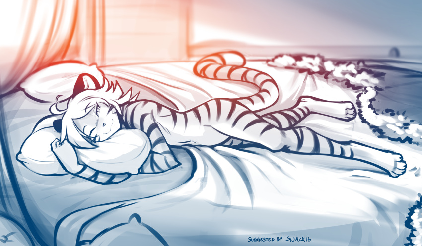 2021 anthro bed casual_nudity conditional_dnp convenient_censorship digitigrade felid female fur furniture hi_res hugging_pillow ivy_(twokinds) keidran looking_at_viewer lying mammal monochrome navel nude on_bed on_side one_eye_closed pantherine pillow sketch smile solo striped_body striped_fur stripes tiger tom_fischbach twokinds webcomic