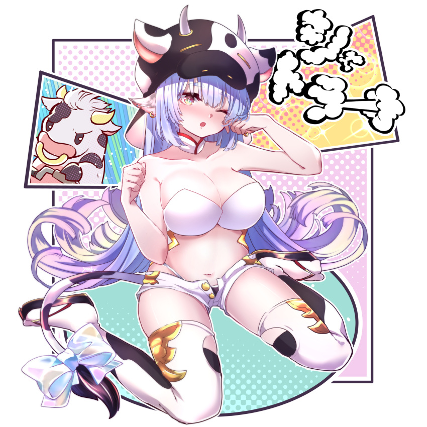 1girl animal_print bangs blue_hair blunt_bangs blush bra breasts cabbie_hat cleavage cow cow_hat cow_horns cow_print detached_sleeves draph earrings eyebrows_visible_through_hair granblue_fantasy hat highres horns huge_breasts jewelry large_breasts long_hair looking_at_viewer navel one_eye_closed open_mouth plump pointy_ears print_headwear print_legwear ribbon shatola_(granblue_fantasy) shorts simple_background sitting tail tail_ornament tail_ribbon thighhighs thighs unbuttoned_shorts underwear very_long_hair white_background white_legwear white_ribbon white_shorts wide_sleeves yoake