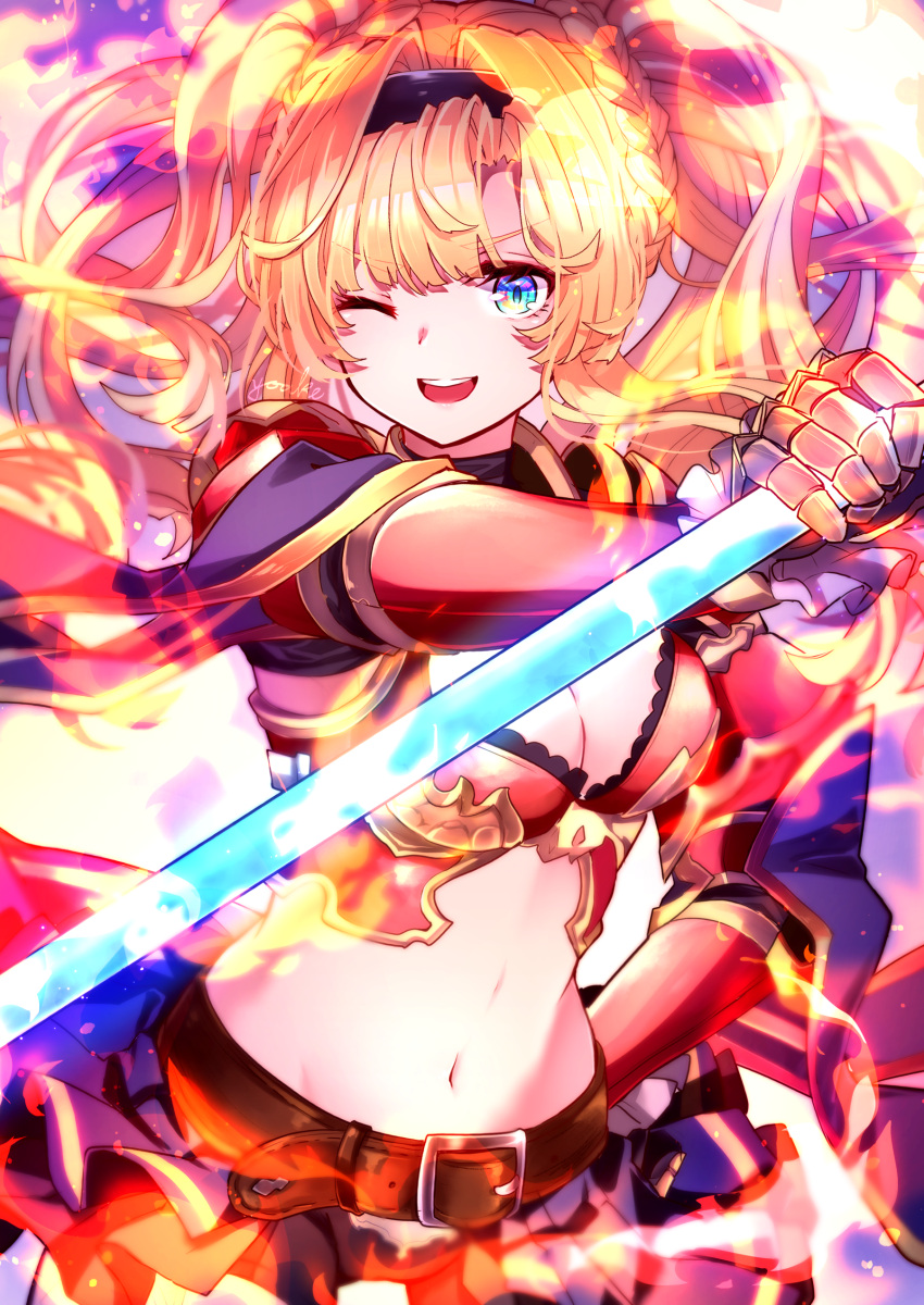 1girl absurdres armor belt belt_buckle blonde_hair blue_eyes breasts brown_belt buckle embers floating_hair gauntlets granblue_fantasy highres holding holding_polearm holding_weapon large_breasts long_hair midriff miniskirt navel one_eye_closed open_mouth pleated_skirt polearm purple_skirt shoulder_armor skirt smile solo spaulders standing standing_on_one_leg stomach thighhighs weapon yoake zeta_(granblue_fantasy)