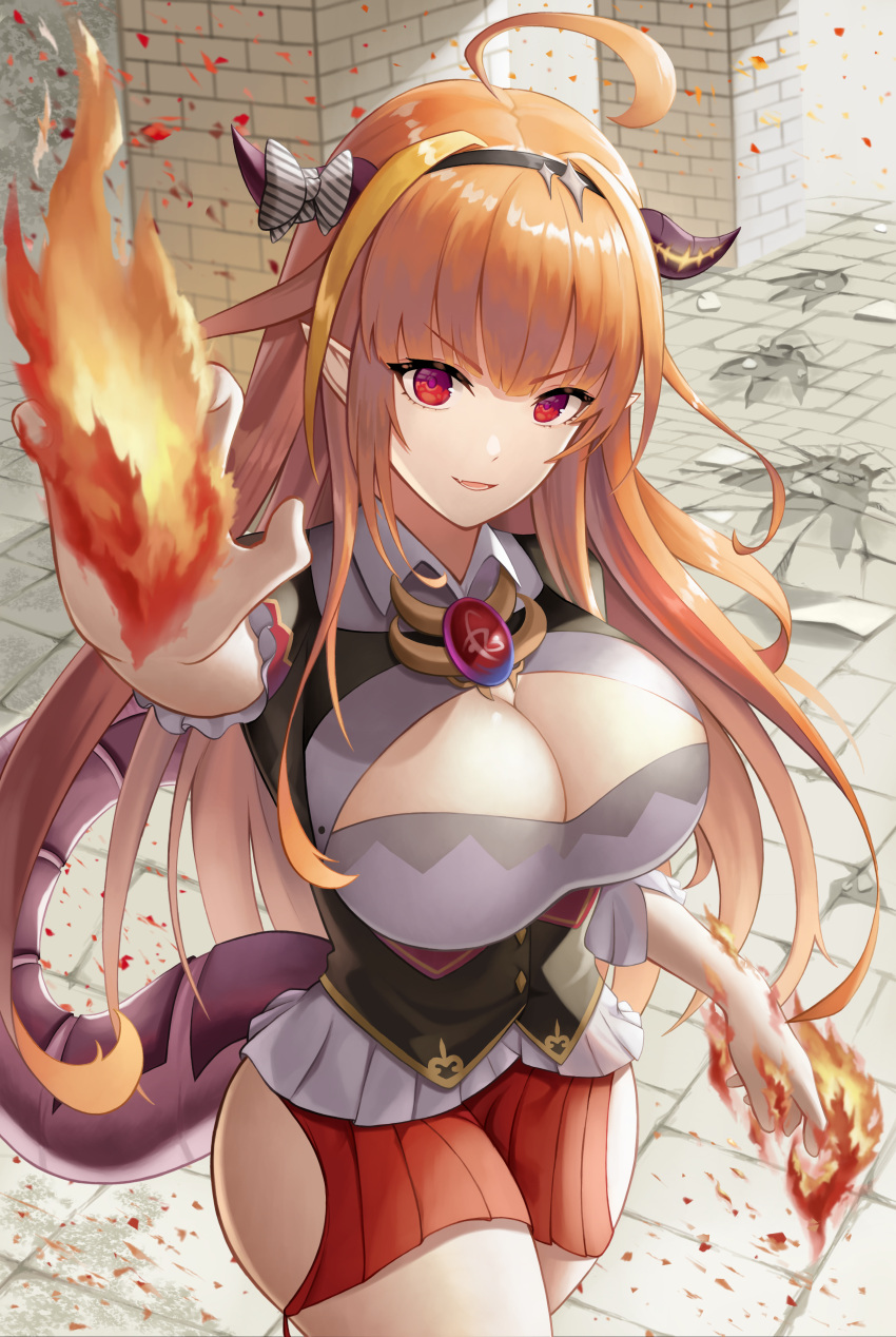 1girl absurdres ahoge bangs black_hairband black_jacket blonde_hair bow breasts brooch cleavage cleavage_cutout clothing_cutout collared_shirt cowboy_shot diagonal-striped_bow dragon_girl dragon_horns dragon_tail eyebrows_visible_through_hair fang fire flaming_hand footprints gem hairband highlights highres hip_vent hololive horn_bow horns jacket jewelry kiryuu_coco large_breasts long_hair looking_at_viewer miniskirt multicolored multicolored_eyes multicolored_hair orange_hair parted_lips pillar pleated_skirt pointy_ears purple_eyes red_eyes red_skirt roina_(pixiv40428837) scales shirt side-tie_skirt skirt solo standing stone_floor streaked_hair striped striped_bow tail virtual_youtuber white_shirt