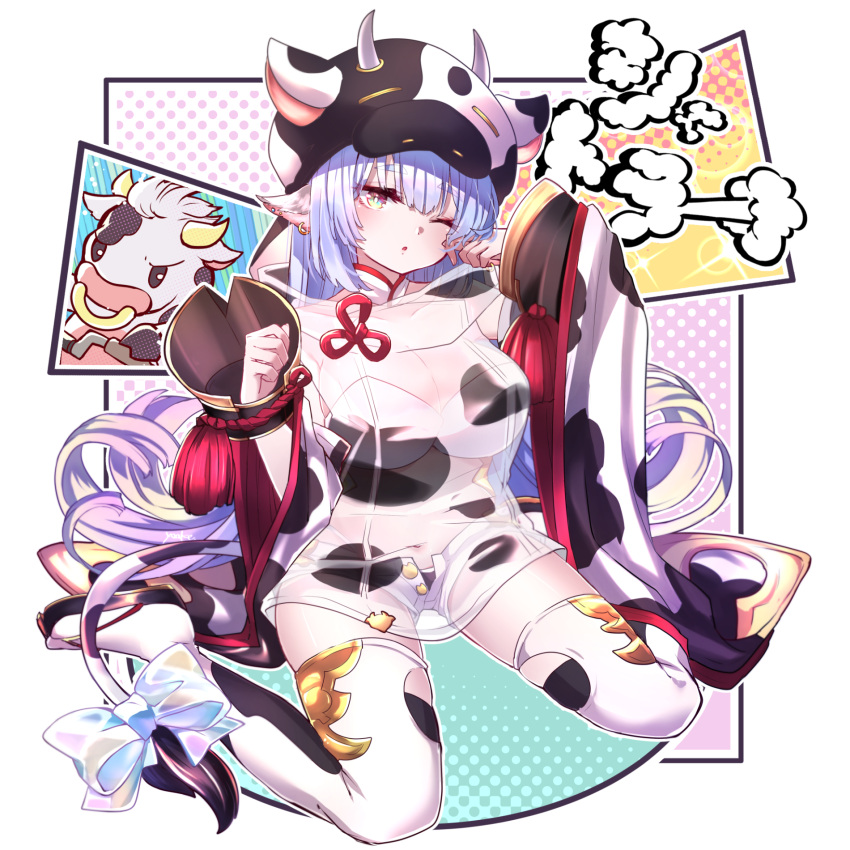 1girl animal_print bangs blue_hair blunt_bangs blush bra breasts cabbie_hat cleavage cow cow_hat cow_horns cow_print detached_sleeves draph earrings eyebrows_visible_through_hair granblue_fantasy hat highres horns huge_breasts jewelry large_breasts long_hair looking_at_viewer navel one_eye_closed open_mouth plump pointy_ears print_headwear print_legwear ribbon shatola_(granblue_fantasy) sheer_clothes shorts simple_background sitting tail tail_ornament tail_ribbon thighhighs thighs unbuttoned_shorts underwear very_long_hair white_background white_legwear white_ribbon white_shorts wide_sleeves yoake