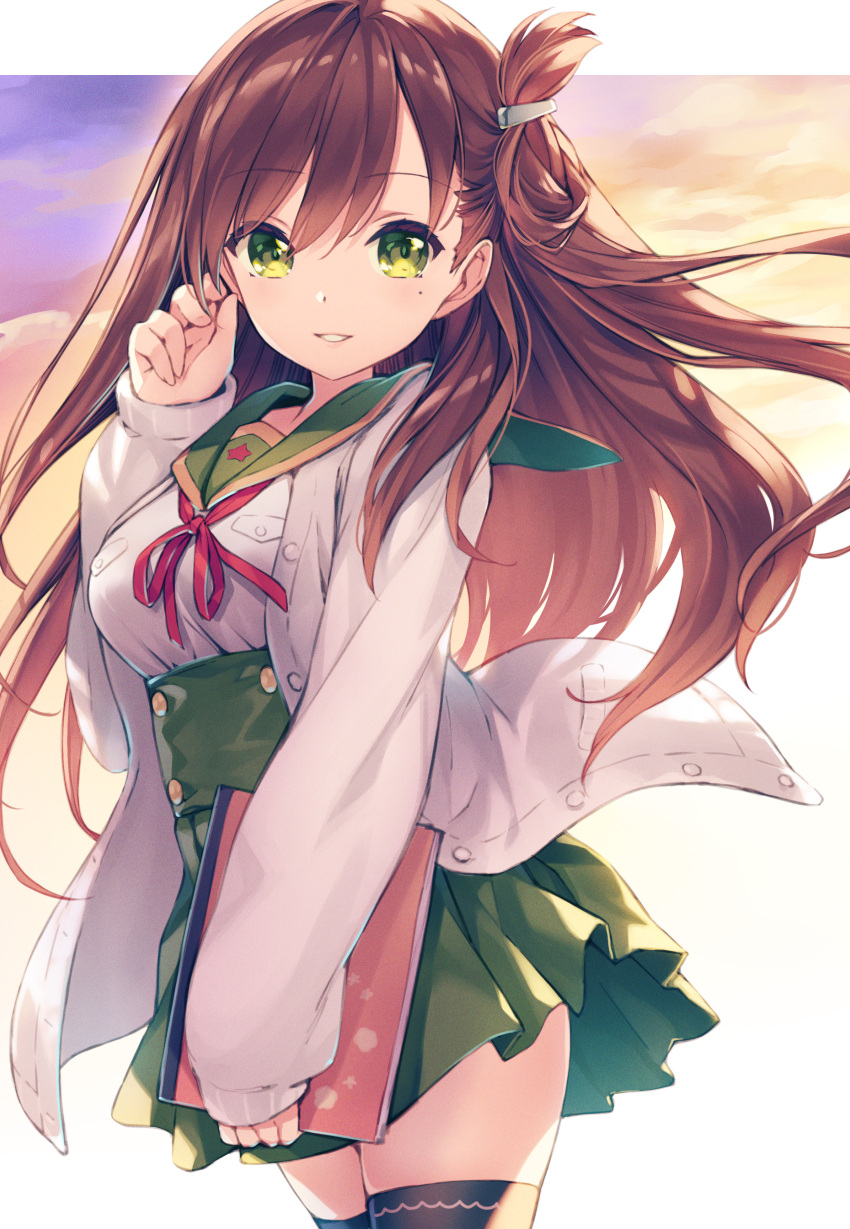 1girl absurdres arm_up black_legwear book breasts brown_hair cardigan cloud gakkou_gurashi! green_eyes green_skirt grey_cardigan hair_ornament hairclip highres hirano_katsuyuki long_hair looking_at_viewer one_side_up outdoors school_uniform serafuku shirt skirt sky smile solo thighhighs thighs uniform wakasa_yuuri white_shirt wind zettai_ryouiki