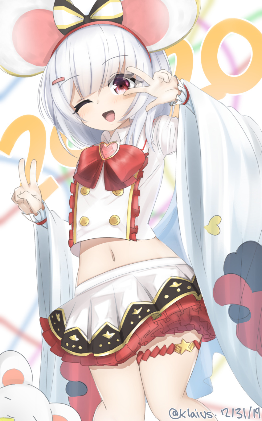 2020 :d absurdres animal_ears bow bowtie brooch chinese_zodiac collared_shirt double-breasted granblue_fantasy hair_bow hairband hand_up heart-shaped_gem highres jewelry klaius looking_at_viewer midriff miniskirt mouse_ears navel one_eye_closed open_mouth pleated_skirt red_eyes shirt skirt smile standing striped striped_bow thigh_strap v vikala_(granblue_fantasy) w w_over_eye white_hair white_shirt white_skirt wing_collar year_of_the_rat