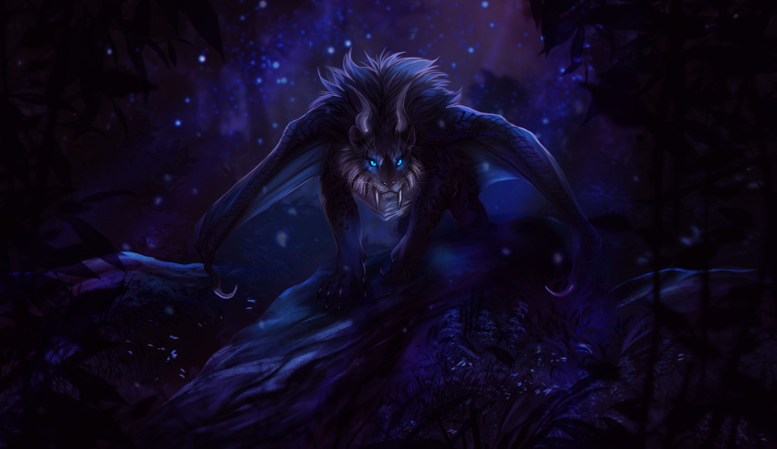 2021 ambiguous_gender blue_eyes detailed_background digital_media_(artwork) dragon felid feline feral forest fur furred_dragon grass hi_res horn hybrid isvoc looking_at_viewer mammal membrane_(anatomy) membranous_wings night outside plant solo tree wings