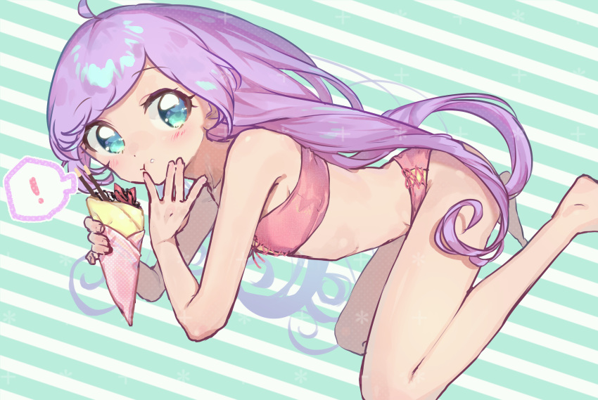 ! 1girl :t ahoge aqua_background aqua_eyes armpit_crease bare_arms bare_legs bare_shoulders barefoot bikini blush breasts chocolate close-up collarbone commentary_request crepe dutch_angle eating eyebrows_visible_through_hair food food_on_face food_wrapper from_side fruit highres holding holding_food long_hair looking_away looking_to_the_side manaka_lala midriff multicolored multicolored_background nekono_moni pink_bikini pocky pout pretty_(series) pripara purple_hair sideboob sideways_glance small_breasts solo speech_bubble spoken_exclamation_mark stomach strapless strapless_bikini strawberry striped striped_background swimsuit swimwear very_long_hair white_background