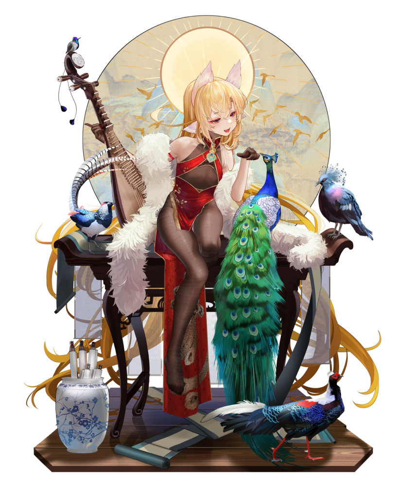 1girl animal bare_shoulders bird black_gloves black_legwear blonde_hair breasts china_dress chinese_clothes dress feathers feet flat_chest full_body gloves highres long_hair moyamoya_(moya11158375) original peacock peacock_feathers short_dress side_slit sleeveless sleeveless_dress small_breasts toes yellow_eyes