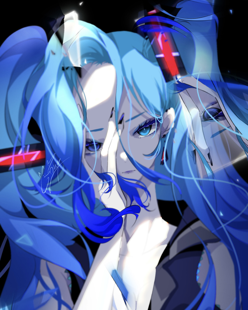 1girl black_background blue_eyes blue_hair blue_lips blue_nails breasts broken_glass cleavage collarbone glass goma_irasuto hair_behind_ear hand_on_own_face hatsune_miku head_tilt highres pale_skin reflection signature solo twintails upper_body vocaloid