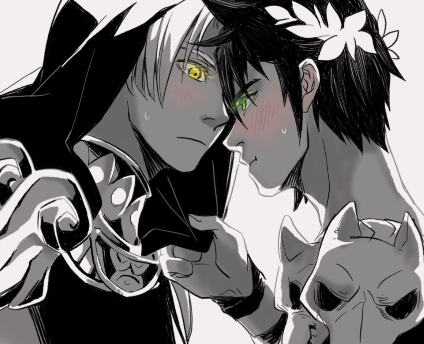 2boys :t blush eye_contact green_eyes greyscale hades_(game) hood hood_up joy0220 laurel_crown looking_at_another male_focus monochrome multiple_boys skull spot_color thanatos_(hades) upper_body yaoi yellow_eyes zagreus_(hades)