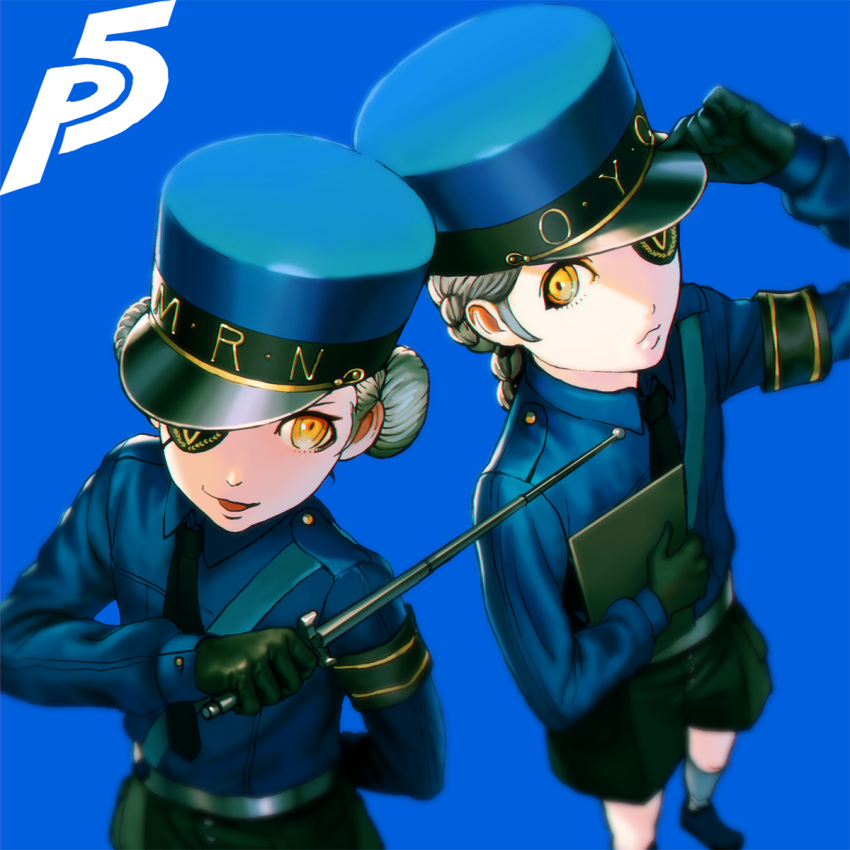 2girls armband black_gloves blue_background blue_headwear braid caroline_(persona_5) closed_mouth commentary_request eyepatch gloves grey_hair hair_bun hat highres justine_(persona_5) kakotomirai kepi military_hat multiple_girls necktie open_mouth orange_eyes persona persona_5 shorts siblings socks twins