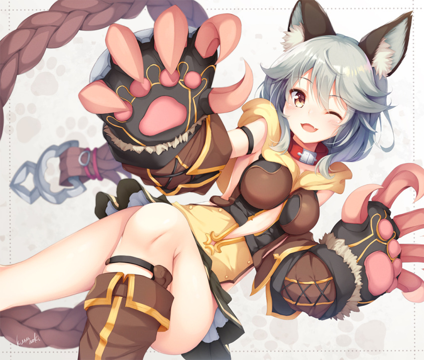 1girl ;d animal_ear_fluff animal_ears arm_strap bangs blush boots breasts brown_eyes brown_footwear claw_(weapon) claws collar erune fang gloves granblue_fantasy grey_hair hair_between_eyes kusunoki_(escude) large_breasts looking_at_viewer one_eye_closed open_mouth paw_gloves paws sen_(granblue_fantasy) skirt smile solo weapon