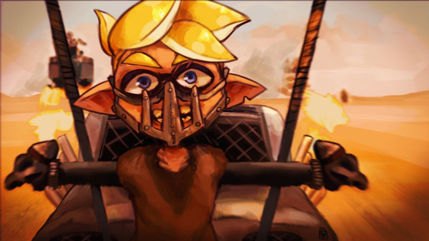 1boy blonde_hair bound car crossover desert domino_mask english_commentary fangs ground_vehicle highres inkling mad_max mad_max:_fury_road mask motor_vehicle mouth_mask on_vehicle parody pointy_ears solo_focus splatoon_(series) thick_eyebrows uri_venom