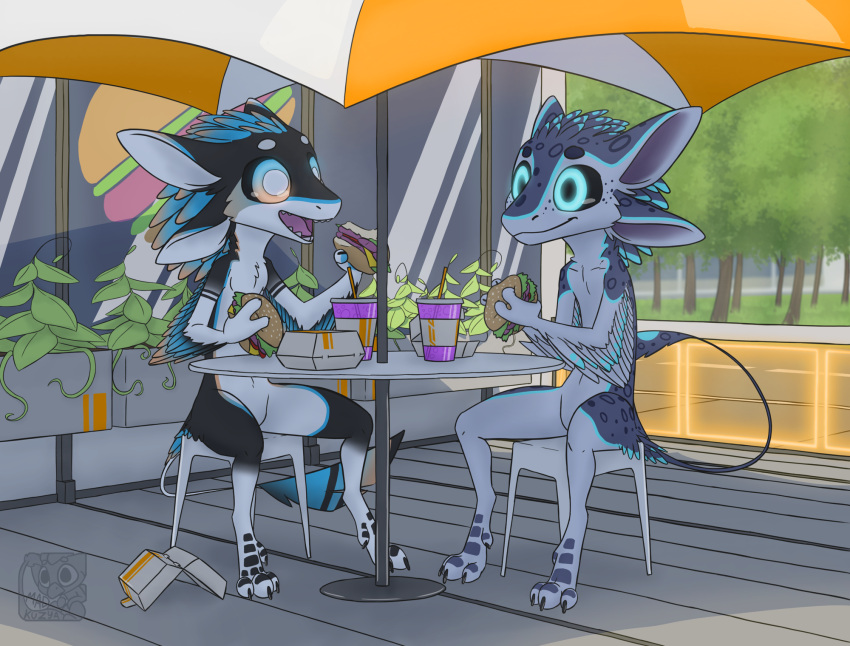 anthro architecture avali avali_(original) avian beverage big_ears building burger cardboard_box chair claws cup day detailed_background duo eating eiki_(~fluffy~) enjoying feathered_wings feathers food furniture glass gradient grass happy hi_res long_ears madkuzya male male/male plant porch public railing restaurant sitting smile table teeth teeth_showing tree umbrella wade_the_glade window wings