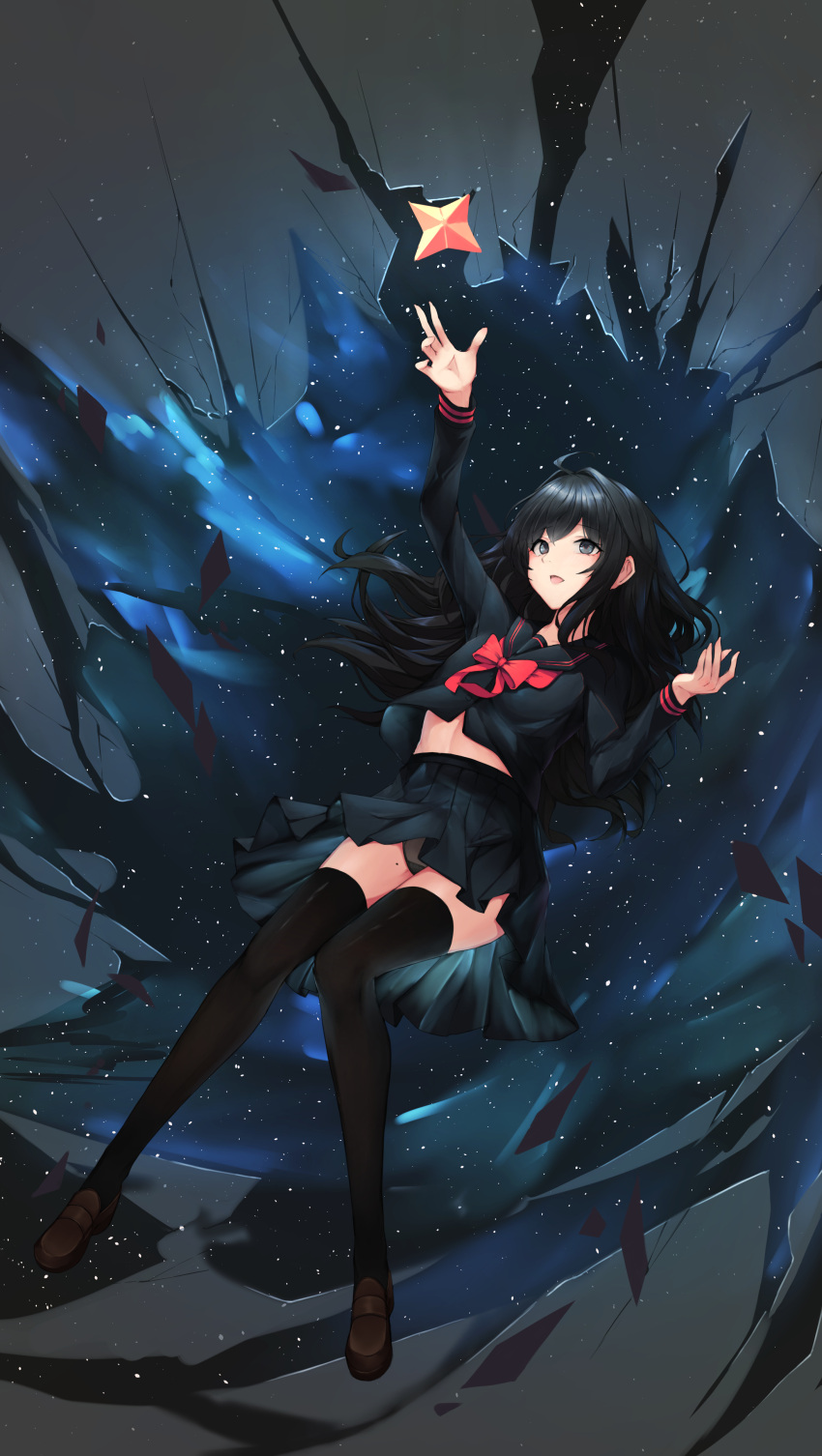 1girl abstract_background absurdres ahoge arm_up black_hair black_legwear black_panties black_serafuku black_shirt black_skirt blue_eyes bow bowtie brown_footwear full_body hand_up highres loafers long_hair long_sleeves looking_up midriff midriff_peek miniskirt mole mole_on_thigh open_mouth original panties pantyshot pleated_skirt sailor_collar school_uniform serafuku shirt shirt_overhang shoes skirt smile solo thighhighs thighs underwear yukaring1