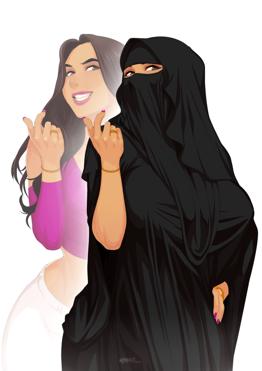 1girl black_dress bracelet breasts brown_hair come_hither dress hand_on_hip highres jewelry large_breasts long_hair looking_at_viewer multiple_views niqab original pants purple_shirt ring shirt signature smile white_pants zephyr_aile