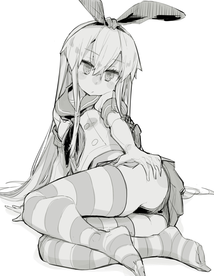 1girl crop_top elbow_gloves full_body gloves greyscale hairband highleg highleg_panties highres kantai_collection long_hair looking_at_viewer lying microskirt miniskirt monochrome neckerchief on_side panties pleated_skirt sala_mander shimakaze_(kancolle) skirt solo striped striped_legwear thighhighs underwear