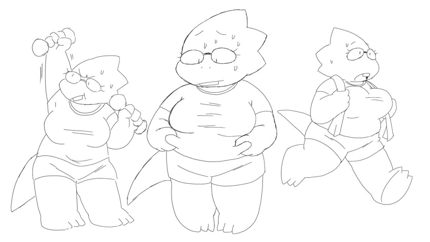 2019 alphys alpi anthro belly_grab bodily_fluids chubby_female exercise eyewear female glasses lizard monochrome reptile running scalie short_stack solo sweat towel towel_around_neck undertale video_games weightlifting weights workout