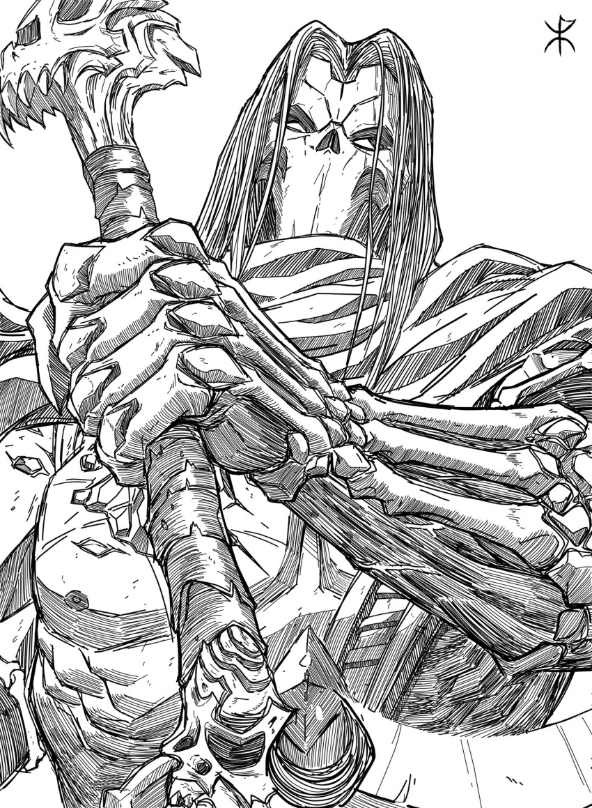 apoloniodraws darksiders death_(darksiders) highres holding holding_weapon lineart looking_at_viewer mask medium_hair nipples scarf scythe skull skull_mask weapon