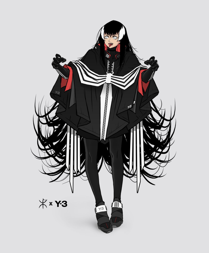 1girl apoloniodraws black_footwear black_hair black_pants commission genderswap genderswap_(mtf) highres jacket long_hair marvel pants pantyhose sharp_teeth solo spider-man_(series) teeth tongue tongue_out venom_(marvel) white_eyes zipper