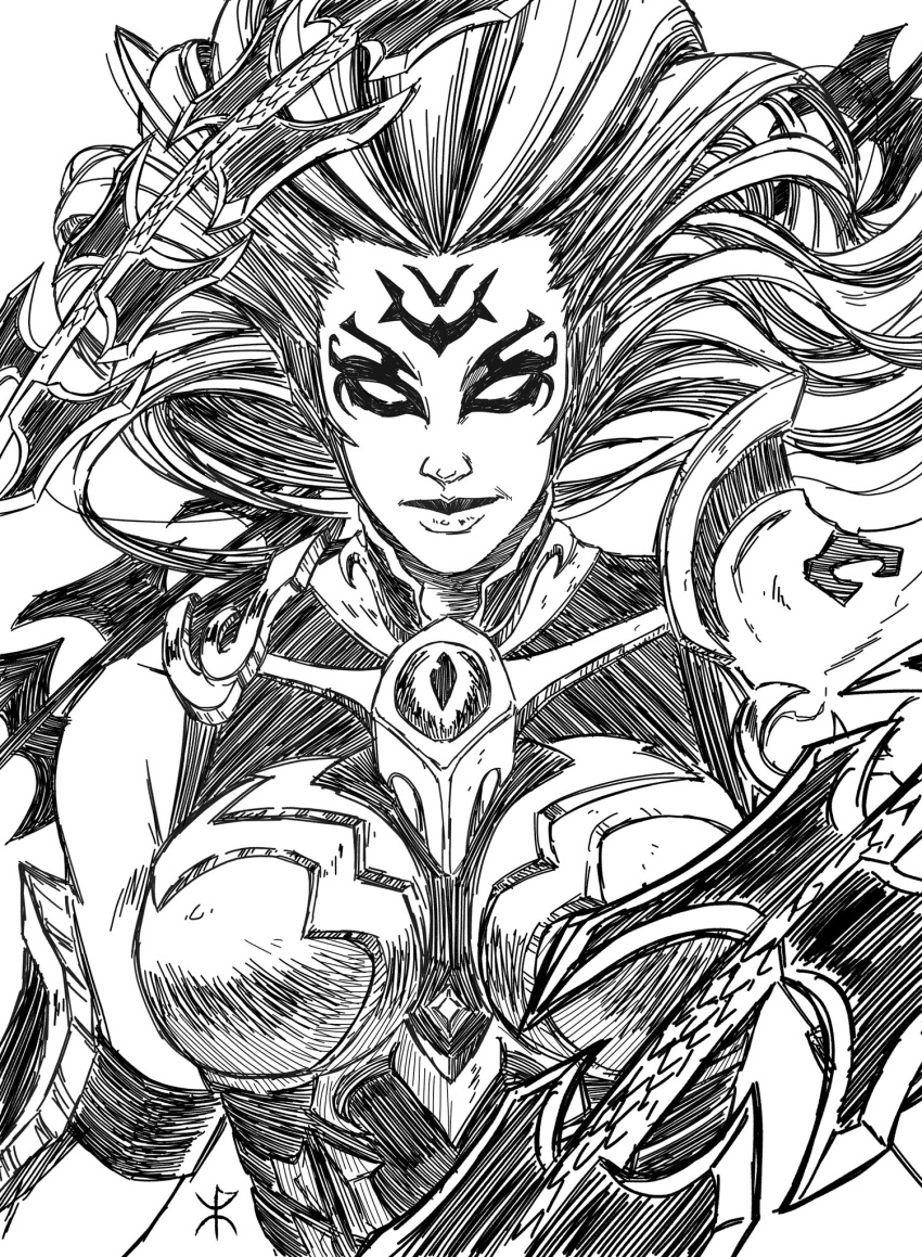 1girl apoloniodraws armor breasts darksiders eyes facial_tattoo fury_(darksiders) greyscale highres lineart lips looking_at_viewer monochrome tattoo weapon whip_sword