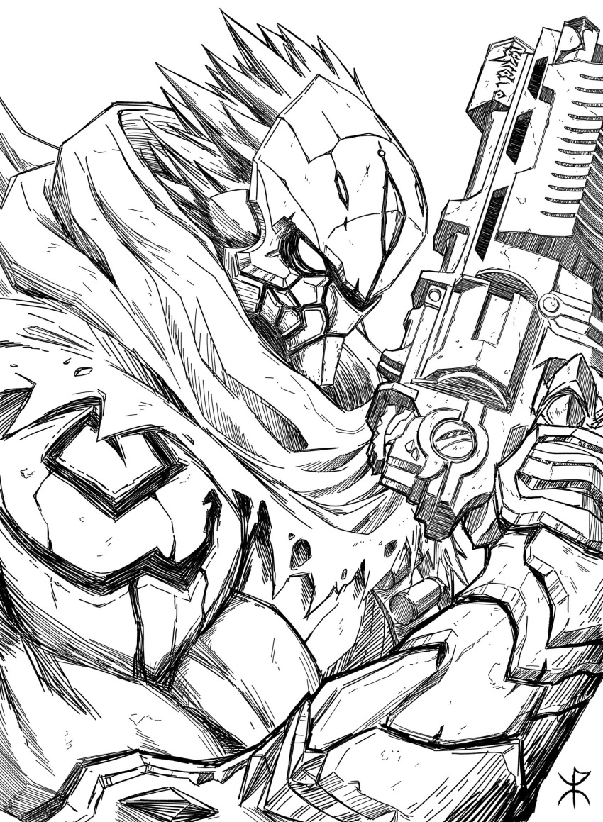 apoloniodraws arm_up armor darksiders greyscale gun highres holding holding_weapon lineart mask monochrome pointy_hair scarf signature strife_(darksiders) weapon