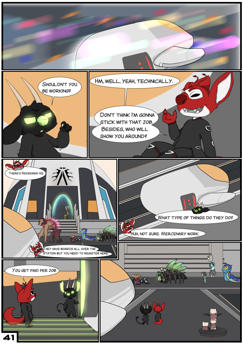 2020 absurd_res alien black_body black_fur chance_(experiment) clothing comic dialogue disney duo english_text evilbunnyking experiment_(lilo_and_stitch) fan_character fur group hi_res lilo_and_stitch male multi_arm multi_limb red_body red_fur space spacecraft speech_bubble stellaris text tsuki_akurei vehicle