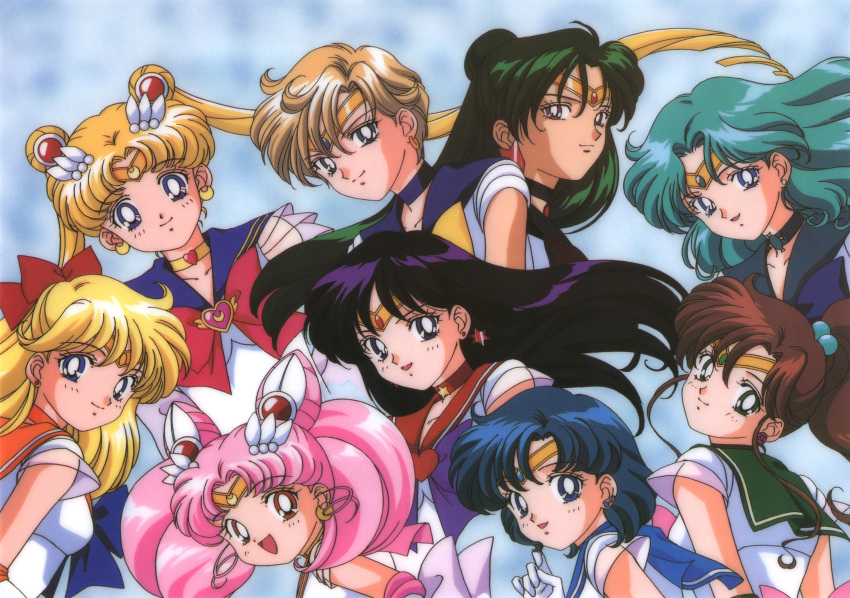 1990s_(style) 6+girls aino_minako aqua_hair bangs bishoujo_senshi_sailor_moon black_eyes black_hair blonde_hair blue_eyes blue_hair brown_hair chibi_usa choker crescent crescent_earrings double_bun earrings elbow_gloves eyebrows_visible_through_hair gloves green_eyes green_hair hair_bobbles hair_ornament heart heart_choker high_ponytail highres hino_rei jewelry kino_makoto leotard light_brown_hair long_hair looking_at_viewer meiou_setsuna mizuno_ami multiple_girls official_art open_mouth pink_hair purple_eyes red_eyes retro_artstyle sailor_chibi_moon sailor_jupiter sailor_mars sailor_mercury sailor_moon sailor_neptune sailor_pluto sailor_senshi sailor_senshi_uniform sailor_uranus sailor_venus scan short_hair smile star_(symbol) star_choker ten'ou_haruka tiara tsukino_usagi twintails very_long_hair