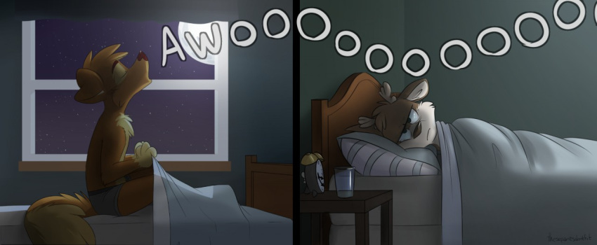alarm_clock annoyed anthro bed beverage briefs clock clothed clothing darwin_(tinydeerguy) duo eyes_closed furniture glass howl inside male matt_riskely moon night pllow sound_effects tinydeerguy topless trouble_sleeping underwear