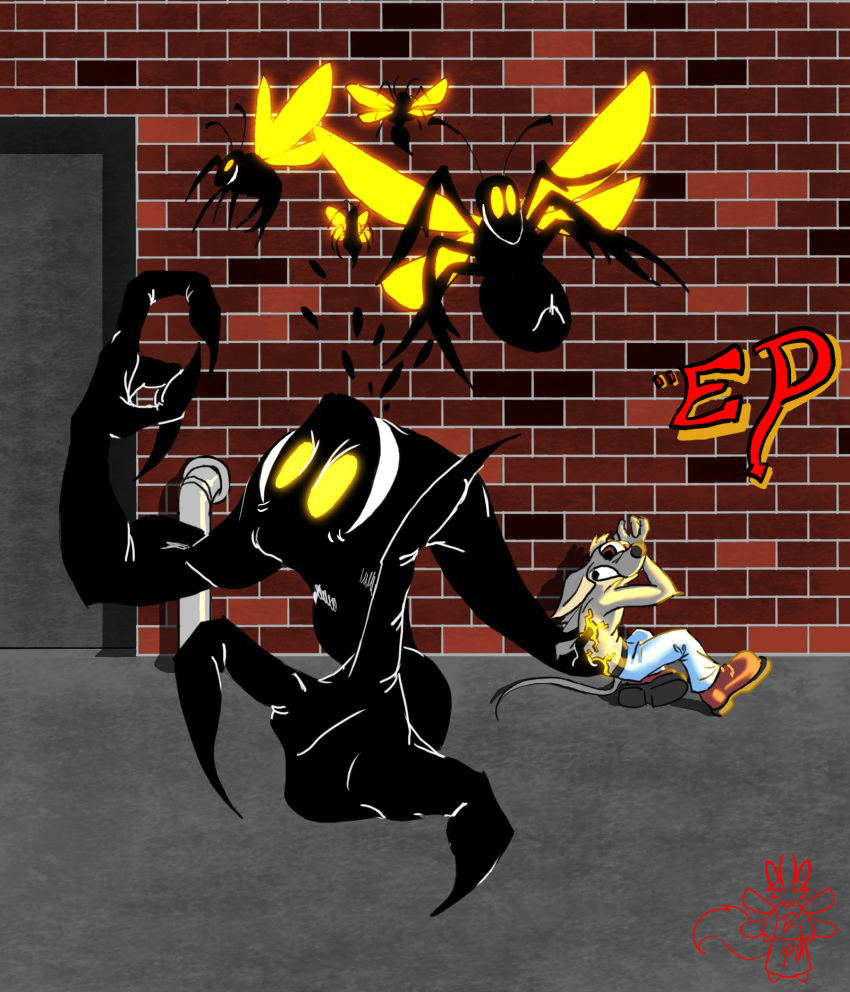 alley boots bottomwear brick cartoon_character claws clothing dahbastard digital_media_(artwork) eukaryoticprokaryote eukayoticprokaryote fan_character footwear glowing glowing_eyes hi_res mammal monster pants scared shadow