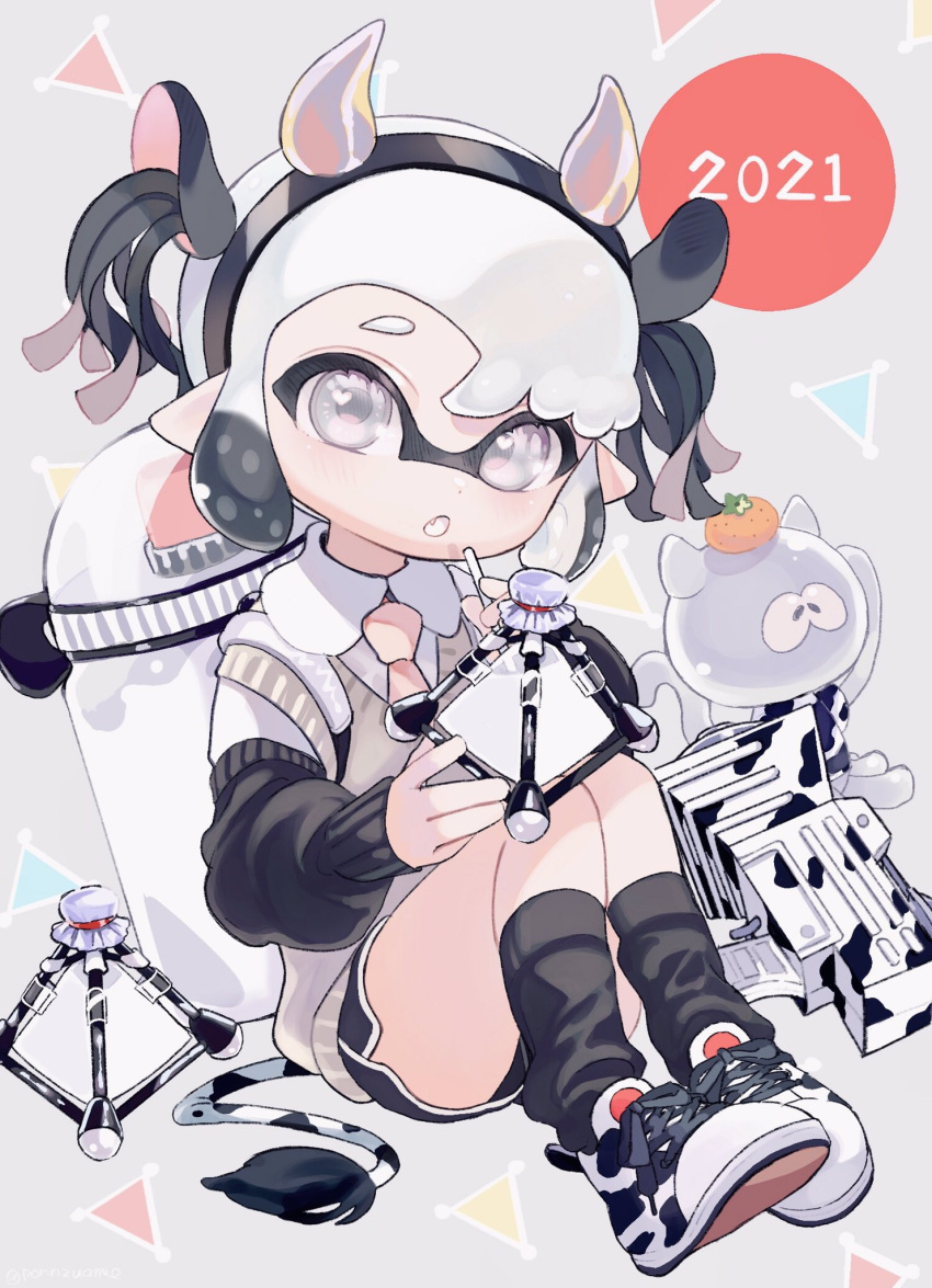 1girl 2021 amezawa_koma animal_ears animal_print black_hair black_legwear black_shorts black_sleeves collared_shirt cow_ears cow_horns cow_print cow_tail cross-laced_footwear dolphin_shorts domino_mask drinking_straw fake_animal_ears fake_horns fang food fruit grey_sweater highres holding holding_weapon horns ink_tank_(splatoon) inkling jellyfish long_sleeves looking_at_viewer mask multicolored_hair necktie new_year open_mouth orange pink_neckwear pointy_ears print_footwear shirt shoes short_hair short_shorts short_twintails shorts silver_eyes silver_hair sitting sneakers socks splat_bomb_(splatoon) splatoon_(series) splatoon_2 splattershot_jr_(splatoon) sweater sweater_vest tail tentacle_hair twintails two-tone_hair v-neck weapon white_footwear