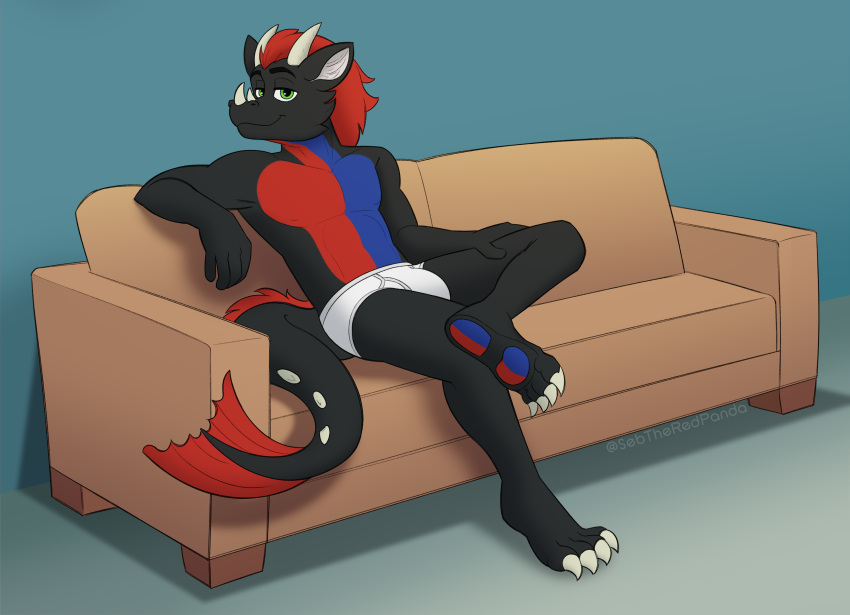 athletic black_body black_fur blue_body blue_fur briefs clothing dragon fur furniture green_eyes hair hi_res horn living_room male pawpads red_body red_fur red_hair sebtheredpanda simple_background sitting sofa solo tighty_whities underwear white_clothing white_underwear