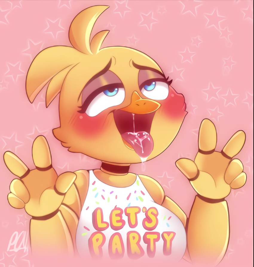 ahegao animatronic anthro avian beak bib bird blush blushing_profusely bodily_fluids breasts chicken choker double_v_sign eye_roll eyelashes eyeshadow female five_nights_at_freddy's five_nights_at_freddy's_2 galliform gallus_(genus) gesture hi_res jewelry looking_pleasured machine makeup necklace non-mammal_breasts phasianid robot saliva saliva_on_tongue smile solo toy_chica_(fnaf) unknown_artist v_sign video_games