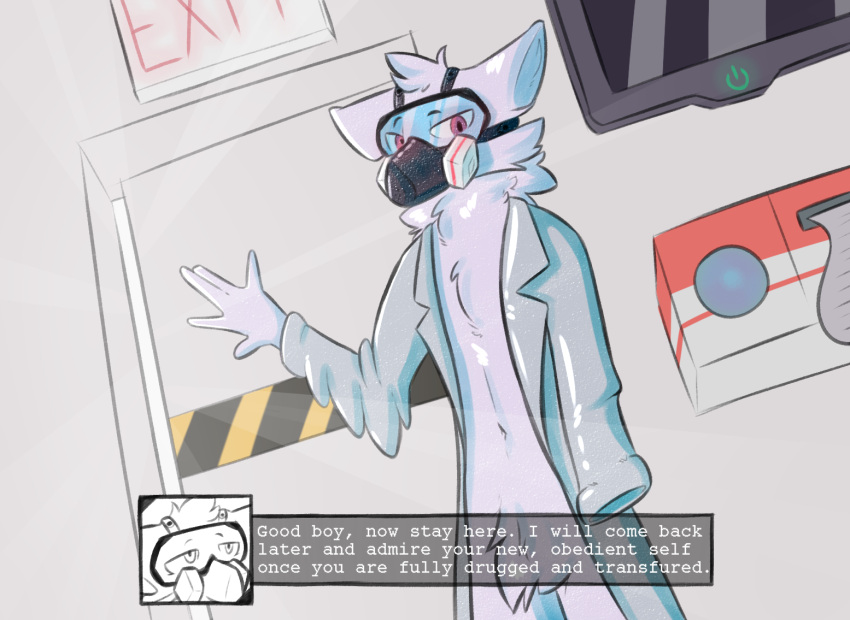 canid canine changed_(video_game) clothed clothing dialogue dialogue_box digital_media_(artwork) dr._k_(changed) english_text fur gas_mask goo_creature good_boy hair lechecker mammal mask red_eyes rubber simple_background text topwear transformation white_body white_fur