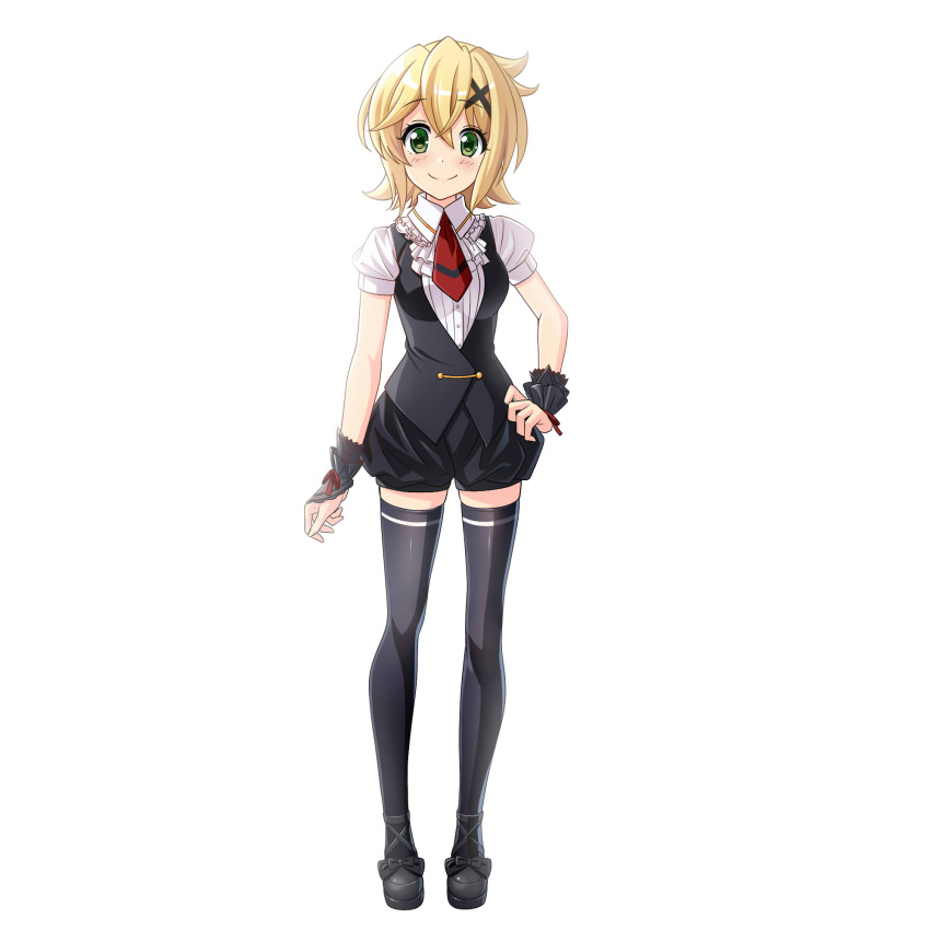 1girl akatsuki_kirika bangs black_bow black_footwear black_legwear black_shorts blonde_hair bow closed_mouth collared_shirt dress_shirt eyebrows_visible_through_hair full_body green_eyes hair_between_eyes hair_ornament hand_on_hip highres looking_at_viewer necktie nyanmaru red_neckwear senki_zesshou_symphogear shiny shiny_hair shirt shoe_bow shoes short_hair short_shorts short_sleeves shorts simple_background smile solo standing thighhighs white_background wing_collar wrist_cuffs x_hair_ornament zettai_ryouiki