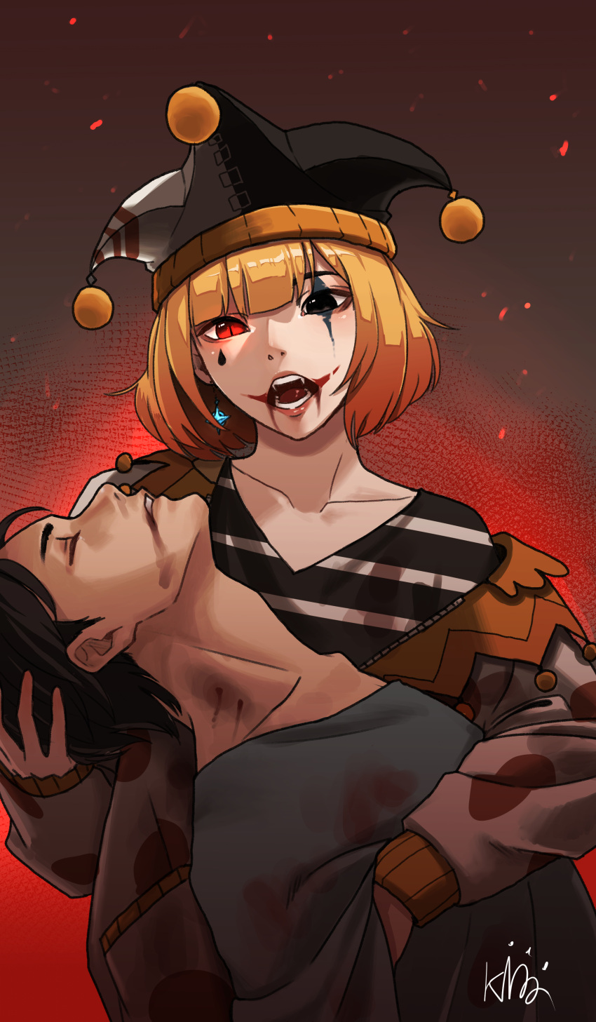 1boy 1girl absurdres bite_mark blonde_hair clown facepaint fangs glowing glowing_eye gradient gradient_background hat heterochromia highres holding_another jester_cap kingpaca looking_at_another makeup original pierrot short_hair slit_pupils two-tone_background vampire