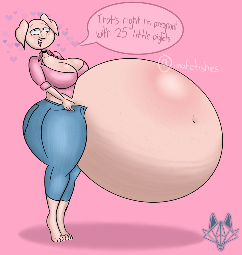 anthro belly big_belly big_butt butt carrying dialogue female hi_res hyper hyper_belly illumination_entertainment imafetish pig_nose piggyback pigtails pink_background rosita_(sing) simple_background sing_(movie) solo talking_to_viewer thick_thighs