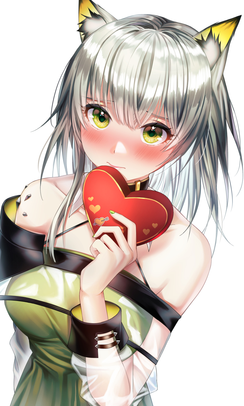 1girl absurdres animal_ears arknights bangs bare_shoulders blush box box_of_chocolates breasts candy cat_ears cat_girl chocolate chocolate_heart choker dress food green_dress green_eyes green_nails hair_between_eyes heart highres holding holding_food huge_filesize kal'tsit_(arknights) looking_at_viewer medium_breasts nail_polish oripathy_lesion_(arknights) solo valentine white_hair yuckpo_55