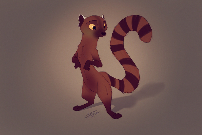 2021 absurd_res anthro brown_body brown_fur euplerid featureless_crotch fur gloves_(marking) hi_res leg_markings light lighting mammal markings nude pointedfox ring-tailed_vontsira shadow signature simple_background socks_(marking) solo standing vontsira