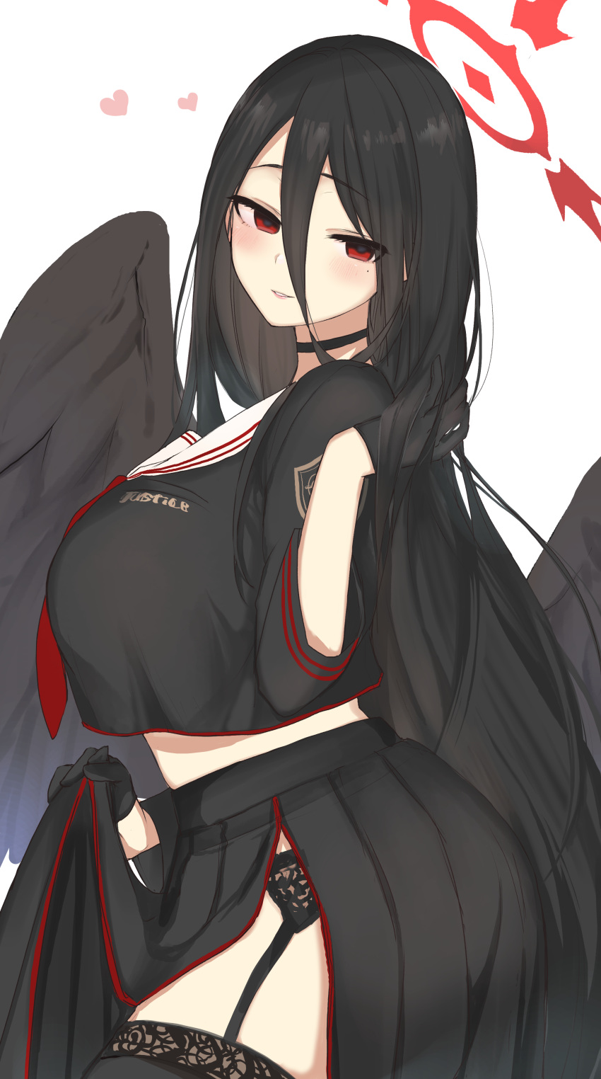 1girl absurdres bangs black_gloves black_hair black_legwear black_serafuku black_wings blue_archive blush breasts choker crop_top crop_top_overhang emirio_(emirio110) eyebrows_visible_through_hair garter_belt garter_straps gloves hair_between_eyes halo hand_in_hair hasumi_(blue_archive) heart highres huge_breasts long_hair low_wings mole mole_under_eye parted_lips red_eyes red_neckwear sailor_collar school_uniform serafuku simple_background skirt_hold solo thighhighs very_long_hair white_background wings