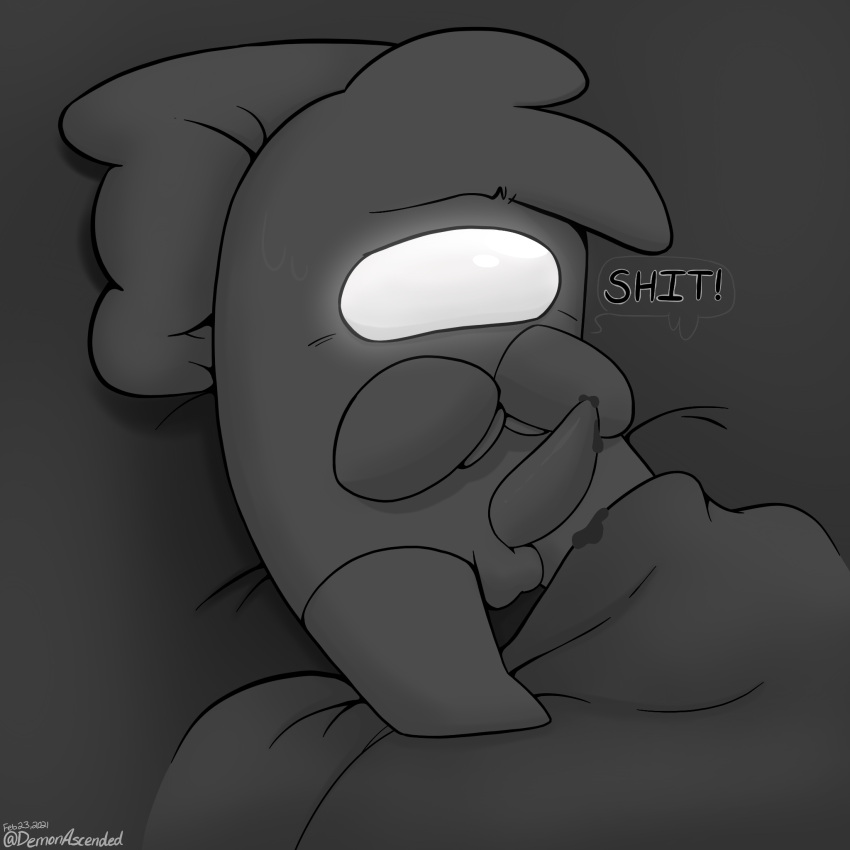 1:1 2021 alien among_us balls bed bedding blanket blush bodily_fluids clothing colorless cum demon_ascended_(artist) digital_drawing_(artwork) digital_media_(artwork) english_text erection furniture genital_fluids genitals glowing glowing_eyes greyscale hair hi_res impostor_(among_us) innersloth male monochrome not_furry on_bed penis pillow rein_stockings_(demon_ascended) signature simple_background solo spacesuit text trans_(lore) trans_man_(lore) video_games watermark