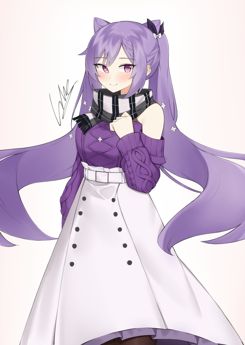 1girl absurdres alternate_costume bare_shoulders black_legwear bow casual cobe double_bun flower genshin_impact hair_bow hair_bun hair_flower hair_ornament half-closed_eyes hand_on_own_chest highres keqing_(genshin_impact) long_hair long_sleeves looking_at_viewer pantyhose purple_eyes purple_hair purple_sweater scarf signature skirt smile solo sweater twintails white_skirt