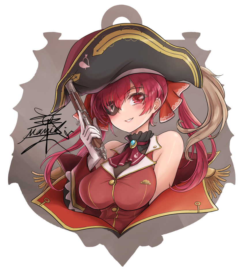 antique_firearm bangs bicorne black_coat black_eyepatch breasts buttons coat embroidery epaulettes eyepatch firearm firelock flintlock gold_trim gun hair_ribbon hat highres hololive hololive_fantasy houshou_marine jacket large_breasts long_hair namiki_(remiter00) off_shoulder pirate pirate_costume pirate_hat red_eyes red_hair red_jacket red_ribbon ribbon sleeveless twintails virtual_youtuber weapon